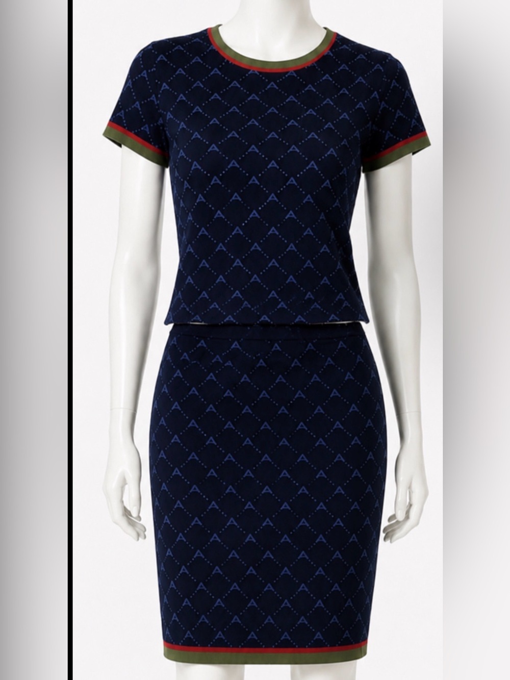 Antthony Navy A Patterned Pencil Skirt with top Red and Olive Trim XL
